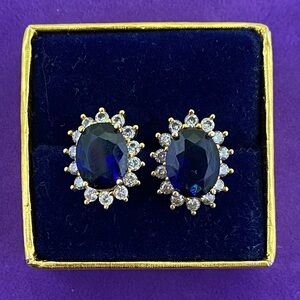💛 925 Gold Vermeil Royal Blue Oval Crystal Halo Stud Earrings | Bridal Sparkle